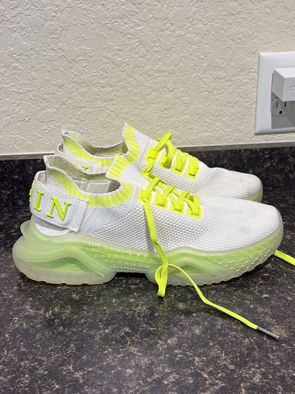 Philipp Plein gently used White Knit Sneakers with Neon Yellow Accents